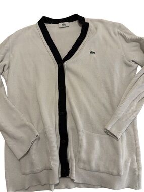 Lacoste white ribbed cardigan with black trim and embroidered logo